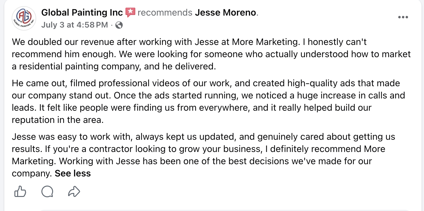 Facebook review from Global Painting Inc recommending Jesse Moreno