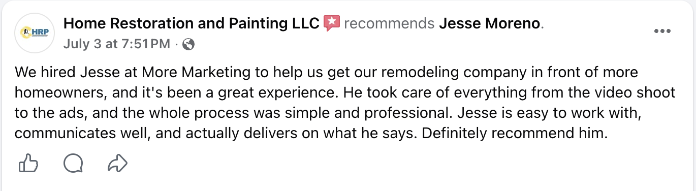 Facebook review from Home Restoration and Painting LLC recommending Jesse Moreno