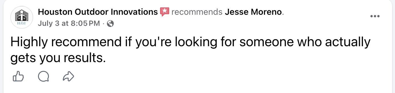 Facebook review from Houston Outdoor Innovations recommending Jesse Moreno