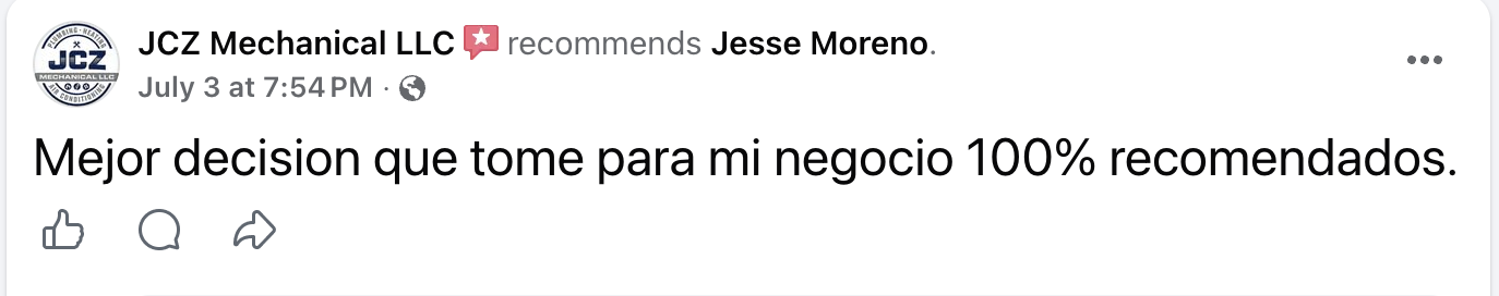 Facebook review from JCZ Mechanical LLC recommending Jesse Moreno
