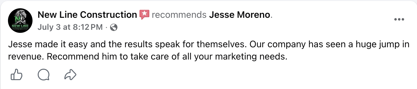 Facebook review from New Line Construction recommending Jesse Moreno