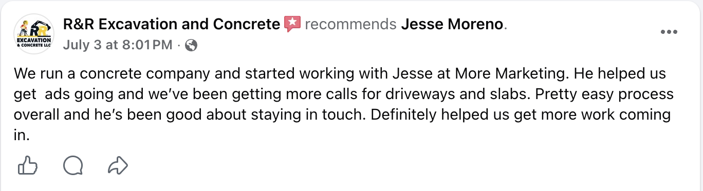 Facebook review from R&R Excavation and Concrete recommending Jesse Moreno