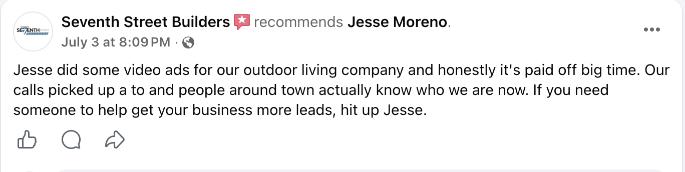 Facebook review from Seventh Street Builders recommending Jesse Moreno
