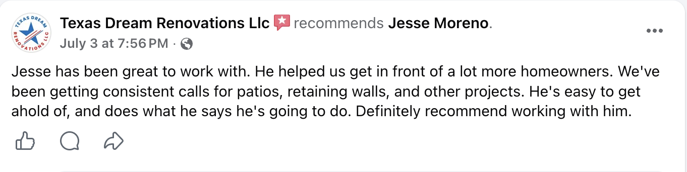 Facebook review from Texas Dream Renovations LLC recommending Jesse Moreno